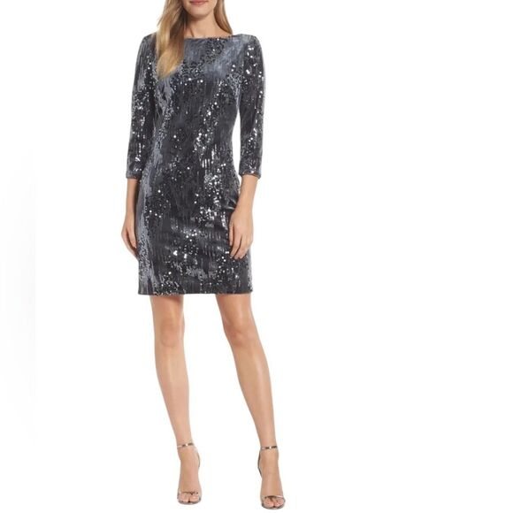 Eliza J Velvet Sequin Sheath Dress Womens Size 4 Gray Slate Blue Mini Length - Picture 1 of 16